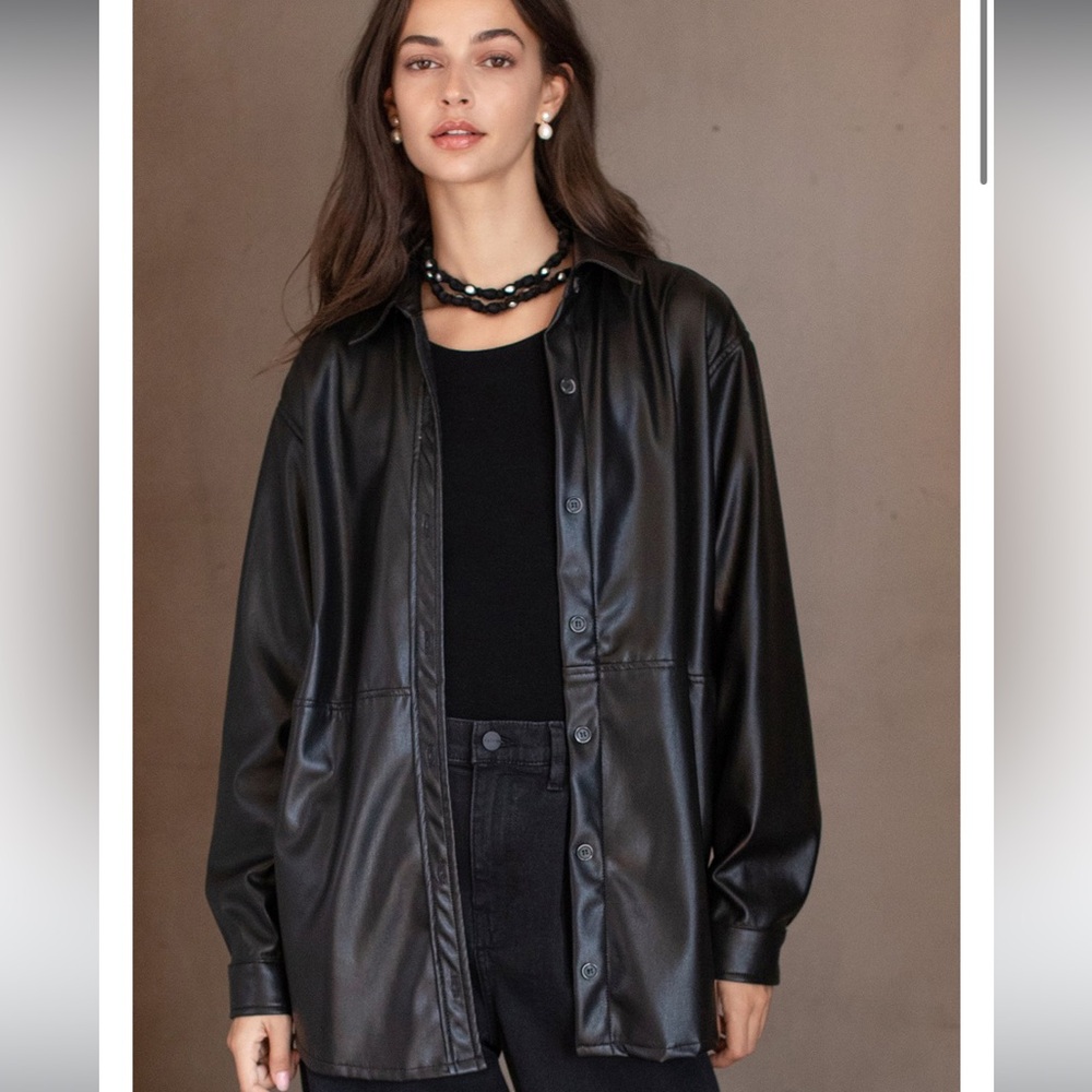 Velvet brand Black vegan leather Button Down Shirt/shacket